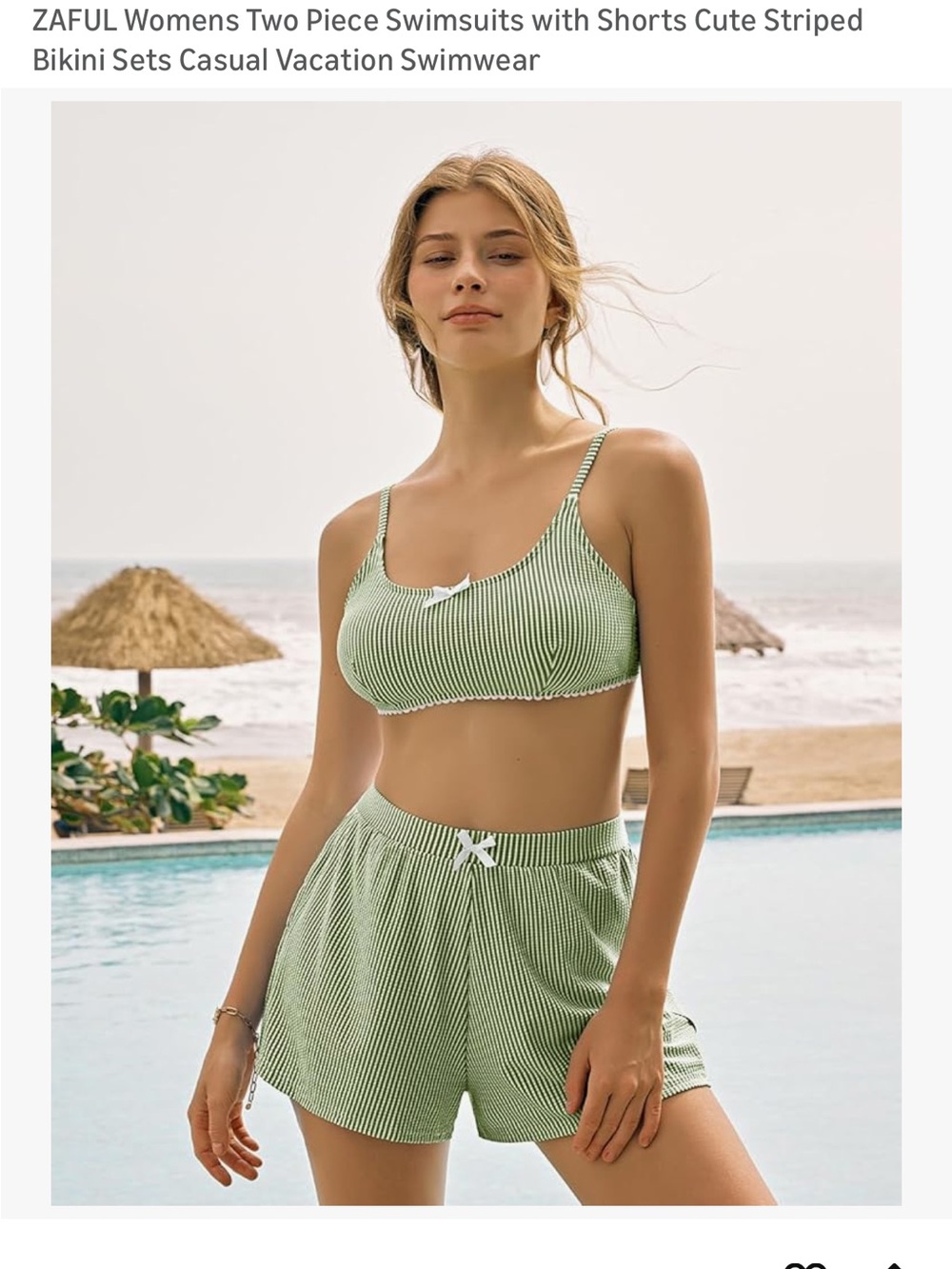 Zaful Green and White Striped Two-Piece Swim Set with Shorts NWOT
